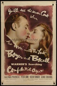 3x189 CONFIDENTIAL AGENT 1sh '45 romantic c/u of Charles Boyer kissing Lauren Bacall!