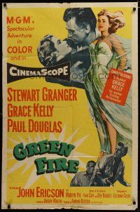 3x338 GREEN FIRE 1sh '54 art of beautiful full-length Grace Kelly & Stewart Granger!