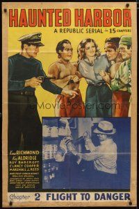 3x347 HAUNTED HARBOR chapter 2 1sh '44 art of Kane Richmond pointing gun at guys with girl, serial!
