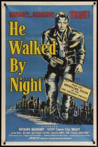 3x351 HE WALKED BY NIGHT 1sh '48 cool artwork of Richard Basehart looming over Los Angeles!