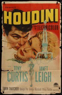 3x373 HOUDINI 1sh '53 art of magician Tony Curtis and his sexy assistant Janet Leigh!