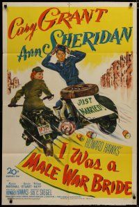 3x384 I WAS A MALE WAR BRIDE 1sh '49 cross-dresser Cary Grant & Ann Sheridan on motorcycle, Hawks