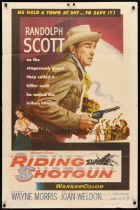 3x679 RIDING SHOTGUN 1sh '54 great artwork of cowboy Randolph Scott with smoking gun!