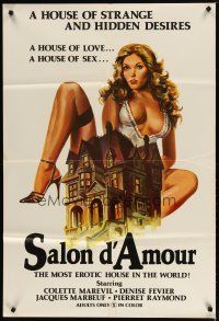 3x697 SALON D'AMOUR 1sh '76 artwork of sexy Colette Marevil behind mansion, rated X!