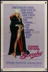 3x711 SCORCHY 1sh '76 full-length art of sexiest barely-dressed Connie Stevens in black cape!