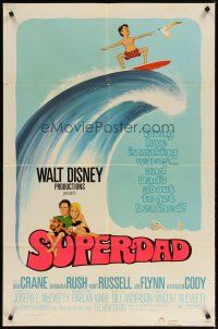 3x809 SUPERDAD 1sh '74 Walt Disney, wacky art of surfing Bob Crane & Kurt Russell w/guitar!