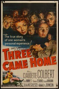 3x853 THREE CAME HOME 1sh '49 artwork of Claudette Colbert & prison women without their men!