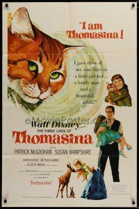 3x856 THREE LIVES OF THOMASINA 1sh '64 Walt Disney, great art of winking & smiling cat!