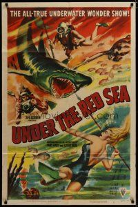 3x905 UNDER THE RED SEA style A 1sh '52 cool art of scuba divers & sexy swimmer fighting shark!