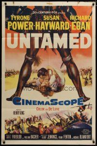 3x907 UNTAMED 1sh '55 cool art of Tyrone Power & Susan Hayward in Africa with native tribe!
