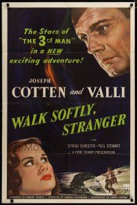 3x934 WALK SOFTLY STRANGER 1sh '50 Robert Stevenson directed, art of Joseph Cotten & pretty Valli!