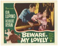 3y316 BEWARE MY LOVELY LC #8 '52 flm noir, Ida Lupino with scissors attacks crazy Robert Ryan!