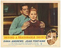 3y317 BEYOND A REASONABLE DOUBT LC #1 '56 Fritz Lang noir, c/u of Dana Andrews & Joan Fontaine!