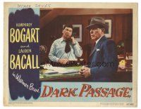 3y037 DARK PASSAGE LC #4 '47 Humphrey Bogart is given the once over by suspicious hotel clerk!