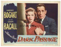 3y035 DARK PASSAGE LC #6 '47 great c/u of Humphrey Bogart holding hands with sexy Lauren Bacall!