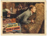 3y404 DECISION AT SUNDOWN LC #8 '57 c/u of Randolph Scott with gun hiding behind hay bale!