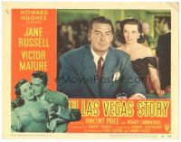 3y617 LAS VEGAS STORY LC #3 '52 c/u of sexy Jane Russell standing behind gambler Victor Mature!