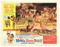 3y697 MUSCLE BEACH PARTY LC #3 '64 Annette Funicello puts sun tan lotion on Frankie Avalon!
