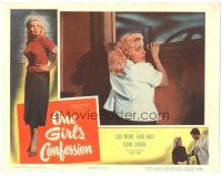 3y735 ONE GIRL'S CONFESSION LC '53 c/u of sexy bad girl Cleo Moore trying to climb out window!
