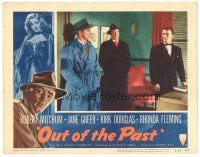 3y743 OUT OF THE PAST LC #1 R53 classic Jacques Tourneur film noir, Robert Mitchum in trenchcoat!