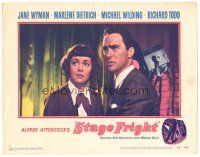 3y869 STAGE FRIGHT LC #8 '50 close up of Richard Todd & Jane Wyman, Alfred Hitchcock