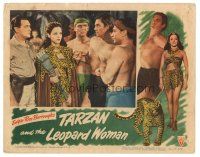 3y885 TARZAN & THE LEOPARD WOMAN LC '46 men hold Johnny Weissmuller in front of Acquanetta!