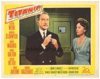 3y910 TITANIC LC #6 '53 close up of Clifton Webb & Barbara Stanwyck on legendary ship!