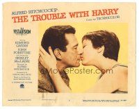 3y925 TROUBLE WITH HARRY LC #2 '55 Alfred Hitchcock, c/u of John Forsythe kissing Shirley MacLaine!