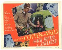 3y956 WALK SOFTLY STRANGER LC #3 '50 Joseph Cotten gives flowers to pretty Alida Valli in car!