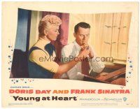 3y990 YOUNG AT HEART LC #3 '54 c/u of Doris Day lighting cigarette Frank Sinatra at piano!