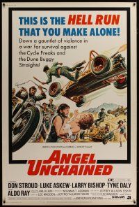 3z251 ANGEL UNCHAINED 40x60 '70 AIP, bikers & hippies, this is the hell run that you make alone!