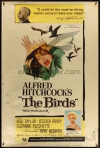 3z258 BIRDS style Y 40x60 '63 Alfred Hitchcock, Tippi Hedren, classic art of attacking avians!