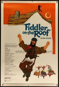 3z282 FIDDLER ON THE ROOF 40x60 '71 cool different artwork of Topol & cast dancing!
