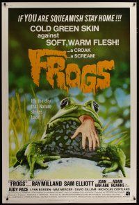 3z286 FROGS style A 40x60 '72 horror art of man-eating amphibian w/human hand hanging from mouth!