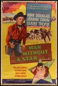 3z312 MAN WITHOUT A STAR style Y 40x60 '55 art of cowboy Kirk Douglas pointing gun, Jeanne Crain