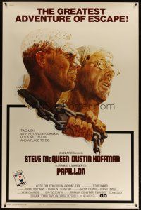 3z324 PAPILLON Allied Artists 40x60 '73 art of prisoners Steve McQueen & Dustin Hoffman by Jung!