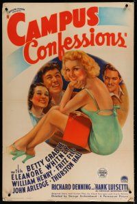 3z088 CAMPUS CONFESSIONS style A 1sh '38 artwork of sexy college student Betty Grable in swimsuit!