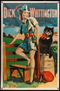 3z045 DICK WHITTINGTON stage play English 40x60 '30s cool artwork of sexy female lead & cat!