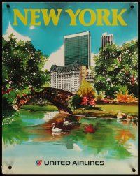 3z061 UNITED AIRLINES NEW YORK travel poster '70s Meyer artwork of Central Park!