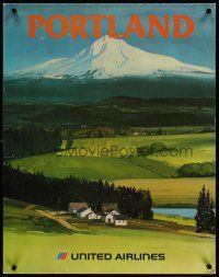 3z063 UNITED AIRLINES PORTLAND travel poster '70s art of countryside & Mt. Hood in background!