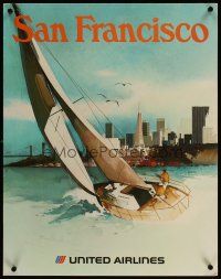 3z065 UNITED AIRLINES SAN FRANCISCO travel poster '73 wonderful Heath art of sailboat in bay!