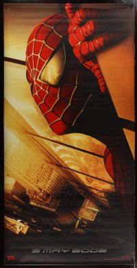 3z383 SPIDER-MAN vinyl banner '02 Tobey Maguire w/WTC towers in eyes, Marvel Comics!
