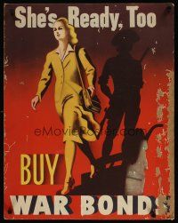 3z053 SHE'S READY TOO BUY WAR BONDS 22x28 WWII war poster '42 pretty woman & soldier's silhouette!