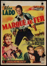 4a544 BRANDED Belgian '50 great artwork image of tough cowboy Alan Ladd with gun in hand!