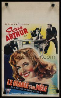 4a558 DEVIL & MISS JONES Belgian '40s great close up artwork of laughing sales girl Jean Arthur!