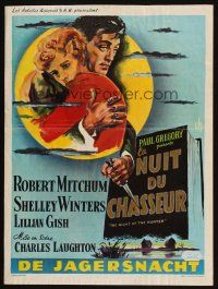 4a592 NIGHT OF THE HUNTER Belgian '56 Robert Mitchum, Shelley Winters, Laughton classic noir