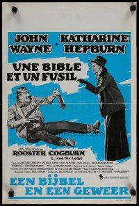 4a614 ROOSTER COGBURN Belgian '75 great art of John Wayne with eyepatch & Katharine Hepburn!