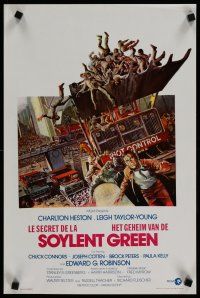 4a619 SOYLENT GREEN Belgian '73 art of Charlton Heston trying to escape riot control by John Solie