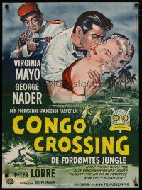 4a372 CONGO CROSSING Danish '59 Wenzel art of Peter Lorre pointing gun at Virginia Mayo & Nader!