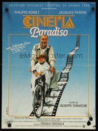4a117 CINEMA PARADISO French 15x21 '89 great image of Philippe Noiret & Salvatore Cascio on bike!